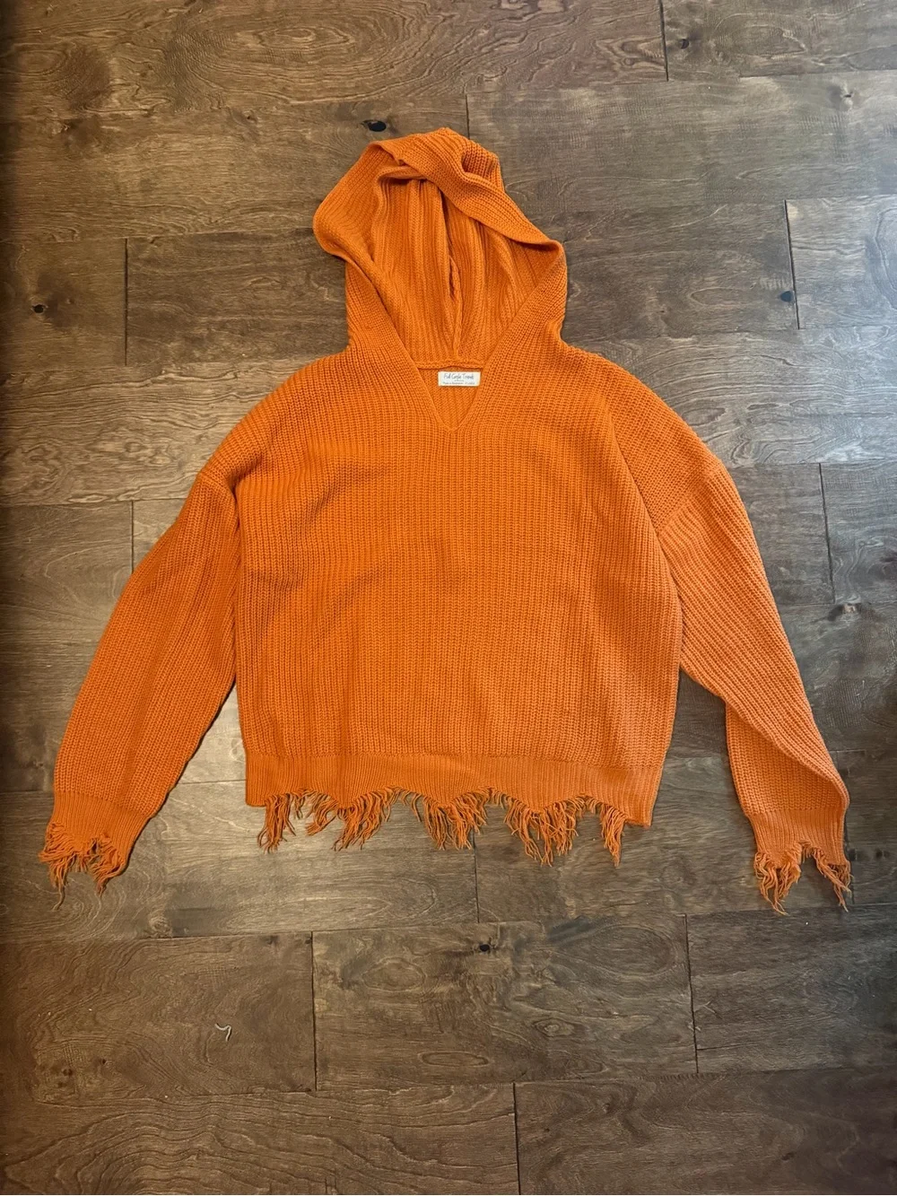 Orange Hooded Frayed Hem Women's Sweater